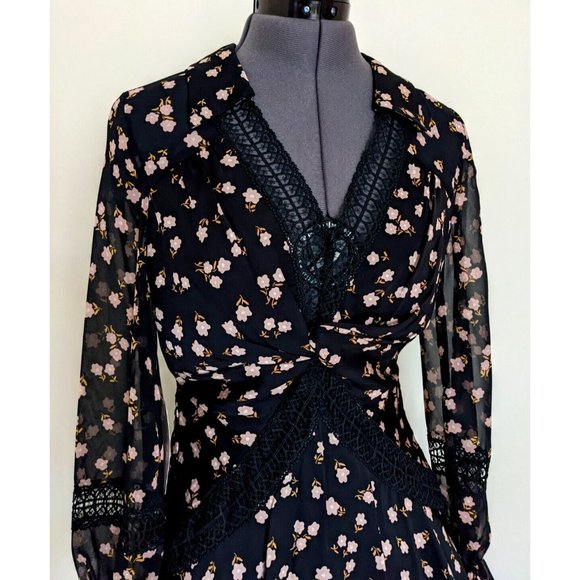 Self Portrait Twist Front Ditsy Mini Dress Floral Black Long Sleeve Size 8 BNWT - Picture 7 of 10